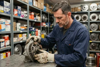 Mécanicien inspectant une pièce auto d'occasion dans un magasin de pièces détachées pas chères