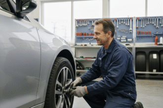 Mécanicien homme en overalls pose un pneu dans un centre auto propre