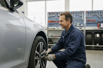 Mécanicien homme en overalls pose un pneu dans un centre auto propre