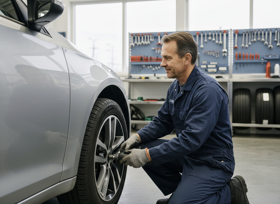 Mécanicien homme en overalls pose un pneu dans un centre auto propre