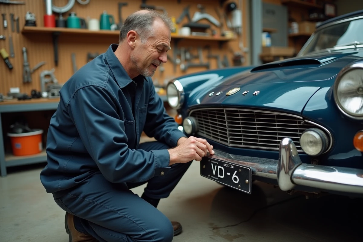 Mécanicien installant une plaque d'immatriculation noire homologuée sur une voiture ancienne restaurée dans un atelier