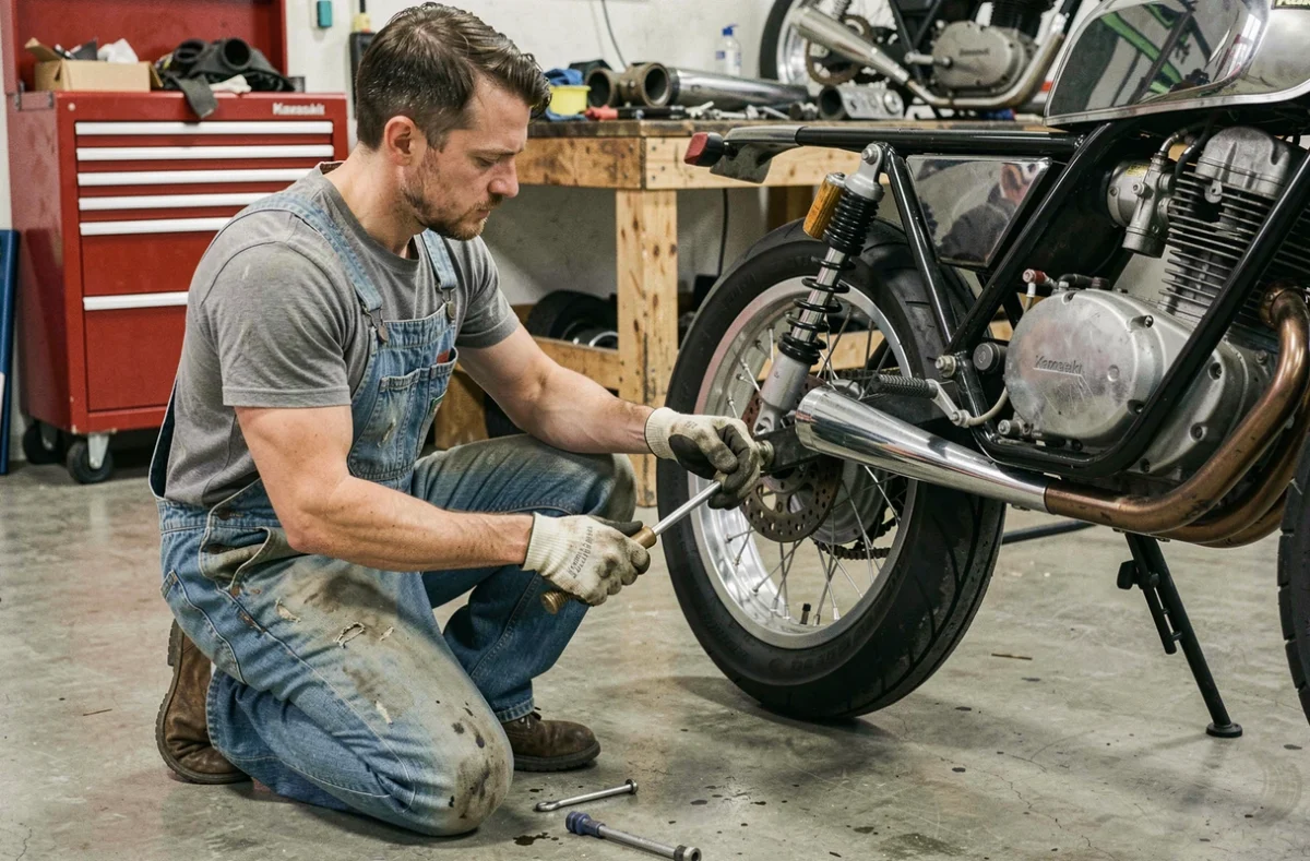 Mécanicien ajustant la suspension d'une KZ 400 café racer en cours de préparation dans un garage