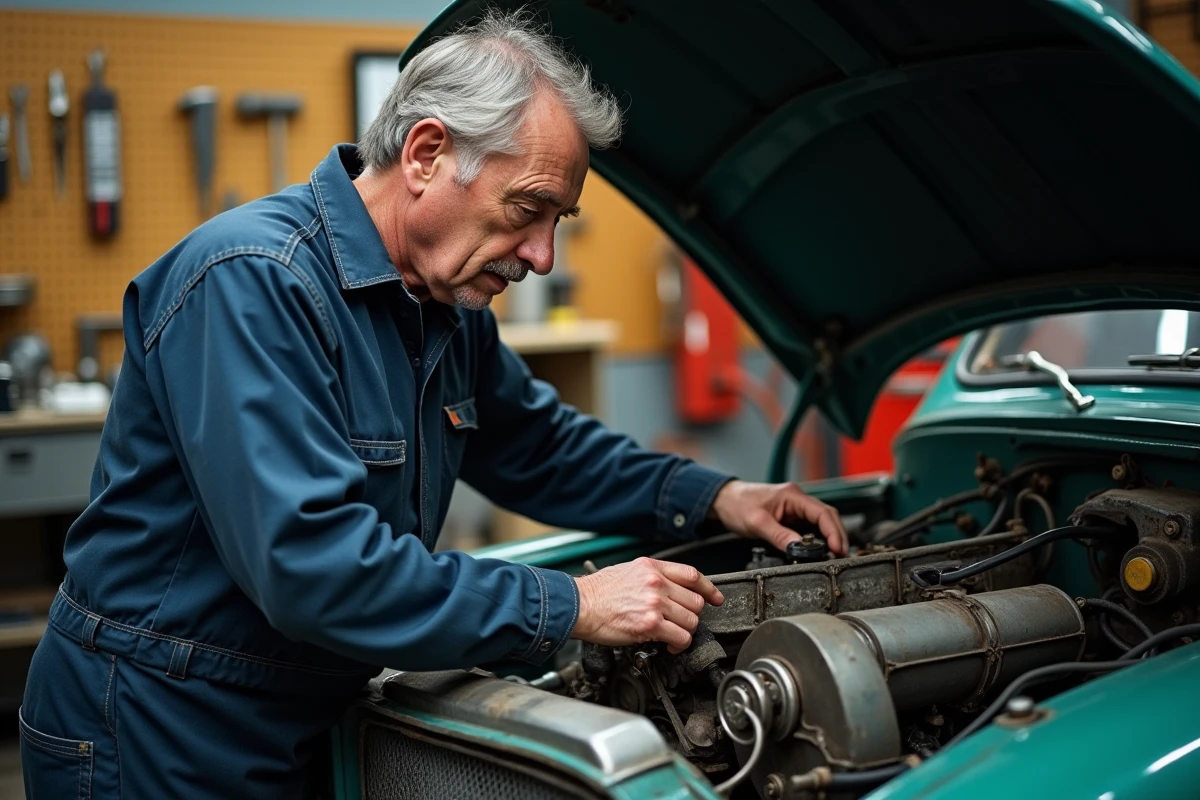 Mécanicien expérimenté travaillant sur le compartiment moteur d'une Renault 12 Sedan modernisée dans un atelier de restauration automobile bien équipé