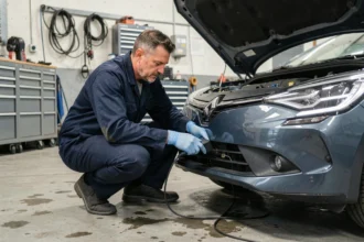 Mécanicien connectant un scanner OBD-II sur une Renault pour réinitialiser le code erreur 1525F3 après une vidange