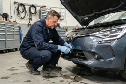 Mécanicien connectant un scanner OBD-II sur une Renault pour réinitialiser le code erreur 1525F3 après une vidange