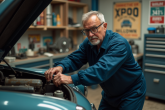 Mécanicien homme en tenue dans un garage vintage avec Citroën P1351