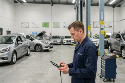 Vue d'ensemble d'un centre de contrôle technique automobile dans le Morbihan avec des techniciens au travail