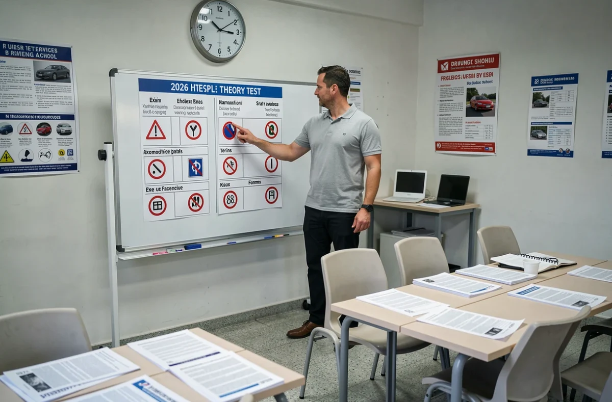 Moniteur d'auto-école présentant les questions types de l'examen du permis de conduire 2026 en salle de cours