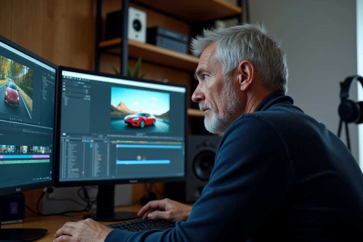 Éditeur vidéo analysant les droits musicaux d'une publicité automobile sur son logiciel de montage