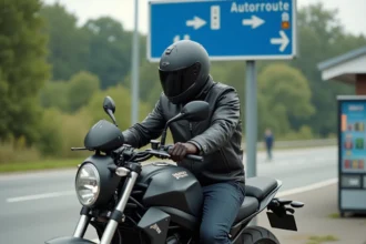 Motard en veste cuir garé sur une aire d'autoroute française avec signalisation bleue en arrière-plan