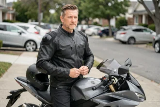Motard en veste de protection noire debout à côté de sa moto sportive dans une rue résidentielle, illustrant l'assurance moto au quotidien