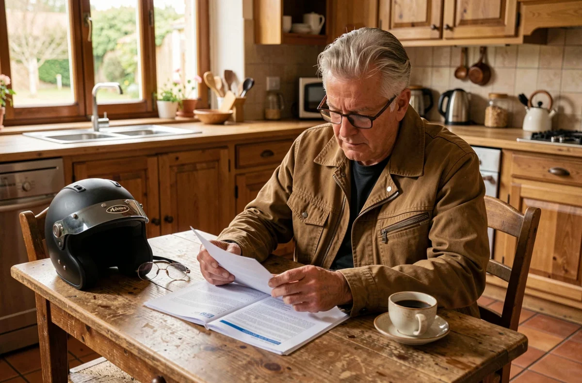 Motard senior expérimenté relisant attentivement son contrat d'assurance moto à la maison