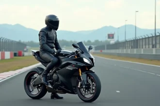 Motard en combinaison noire avec casque à côté d'une superbike sur circuit