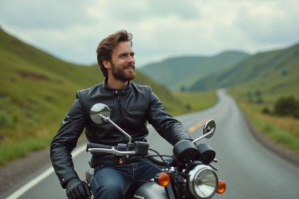 Homme en moto vintage sur route de campagne