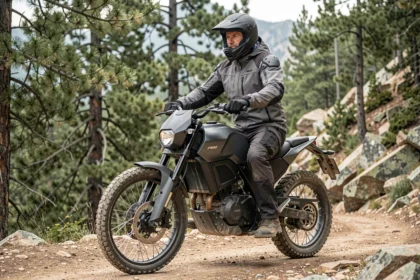 Motard équipé sur une moto trail électrique dans un sentier montagneux rocailleux