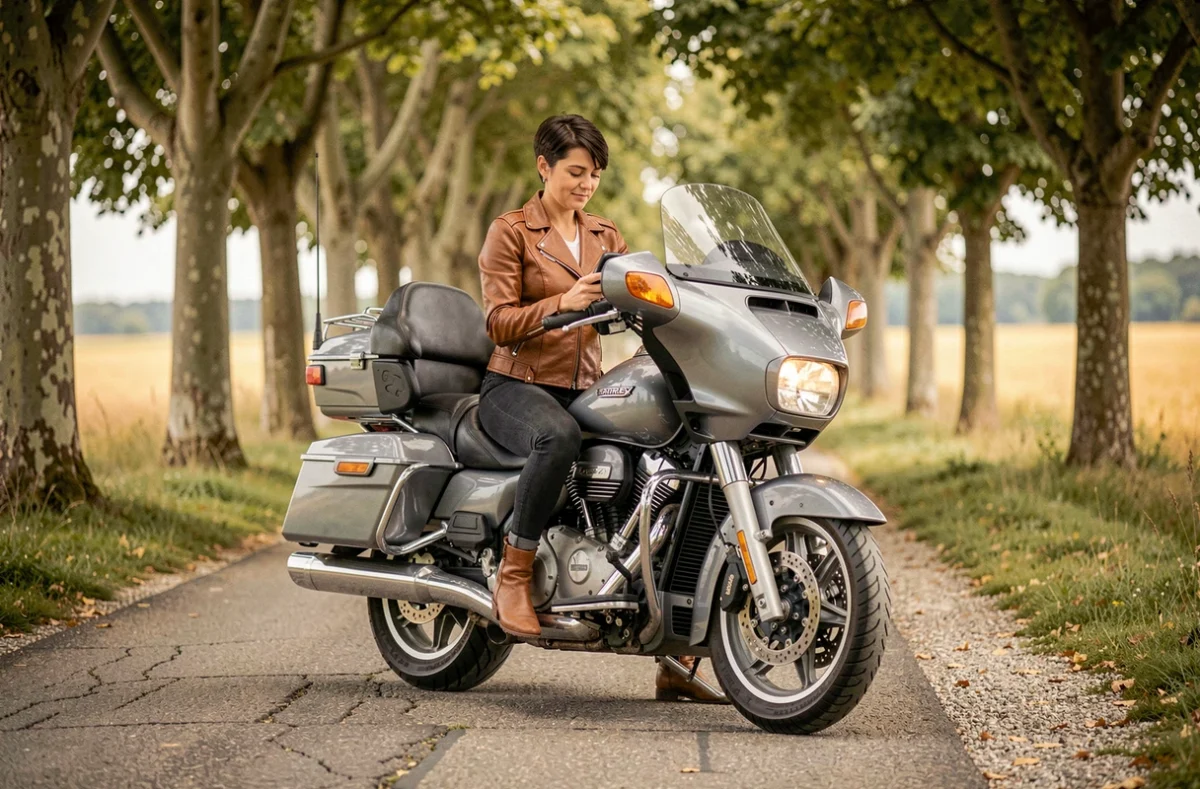 Motarde expérimentée assise sur sa moto de tourisme en zone rurale, consultant son smartphone pour comparer les offres d'assurance