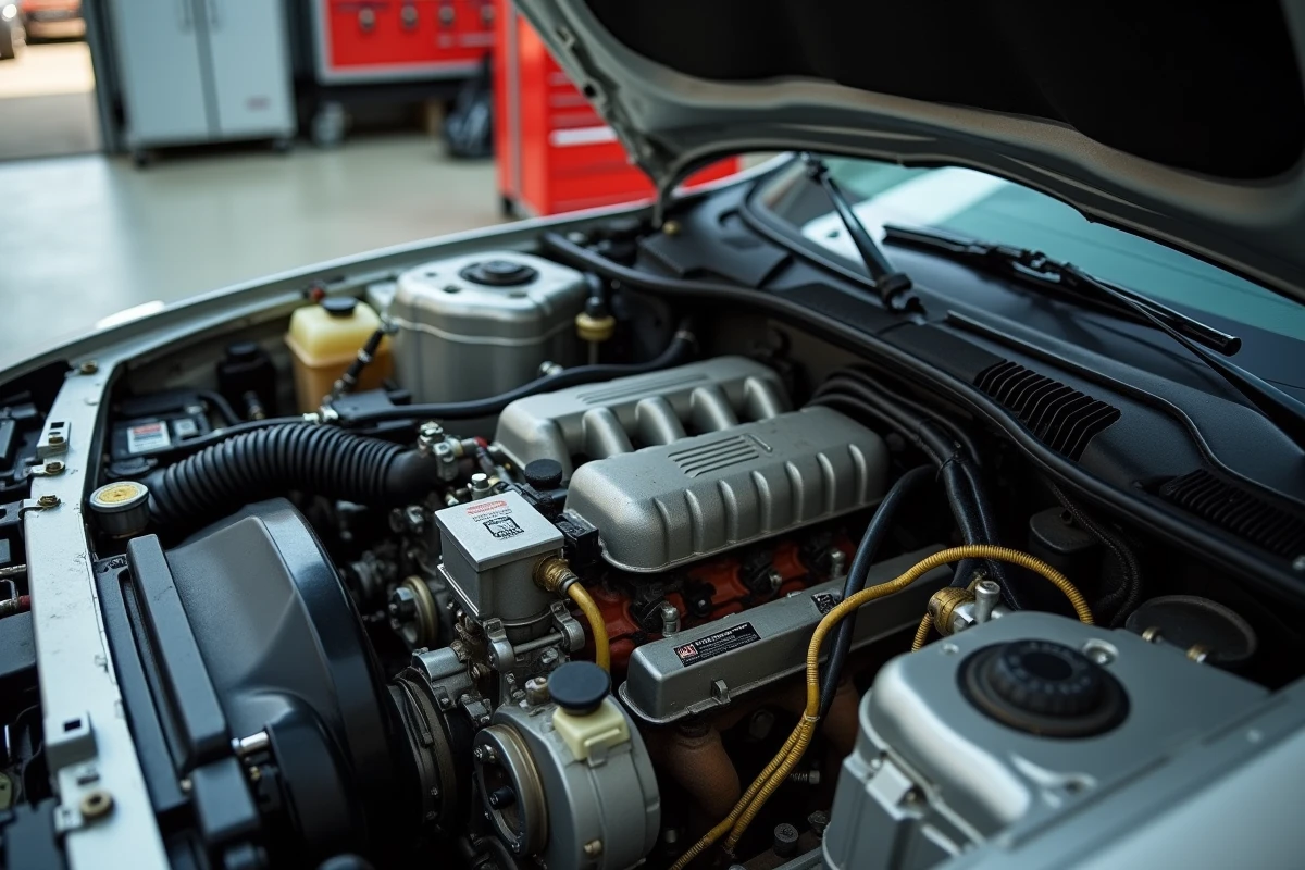 Moteur à essence d'une voiture moderne ouvert dans un garage, révélant l'injection et les composants mécaniques