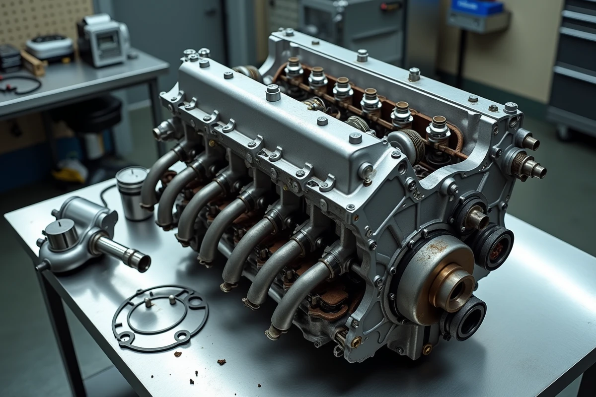 Moteur TCe démonté sur table d'atelier avec pistons, vilebrequin et turbocompresseur visibles