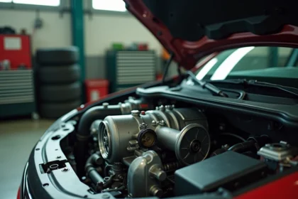 Moteur TCe turbocompressé sous le capot d'une voiture compacte, détail mécanique en atelier automobile