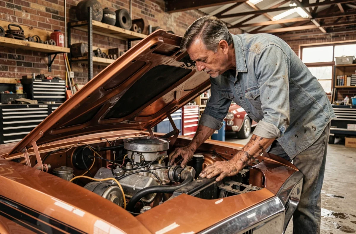 Mécanicien inspectant le moteur V8 d'une muscle car américaine vintage orange dans un garage authentique