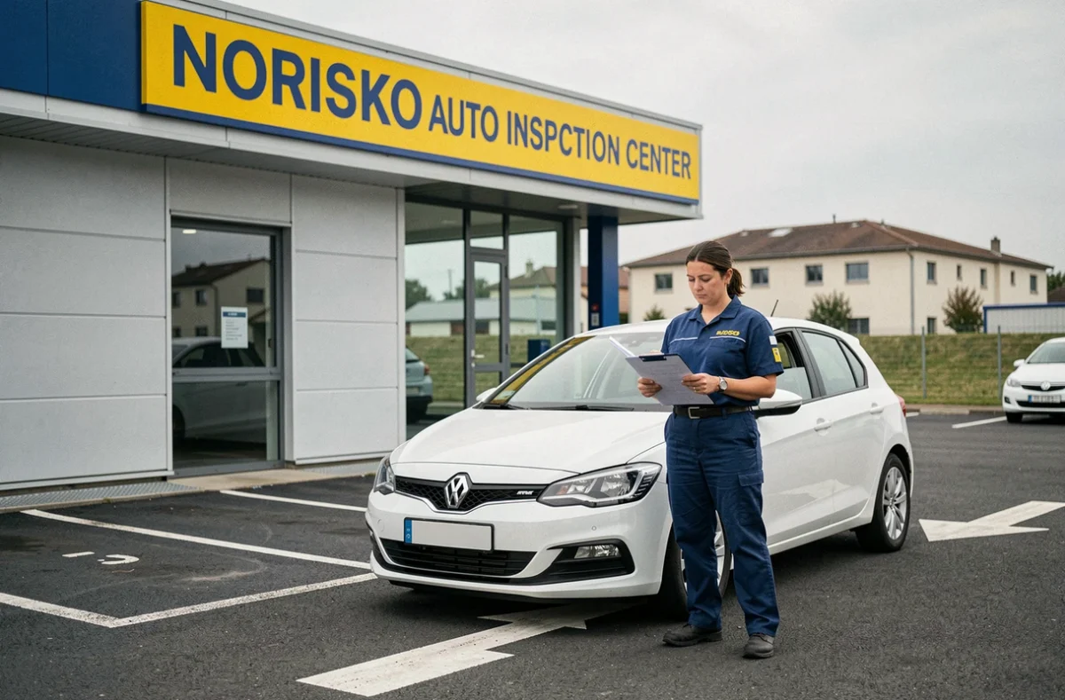 Centre Norisko Auto à Saint-Étienne avec une technicienne inspectant une voiture blanche sur le parking