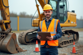 Jeune ouvrier de chantier avec excavatrice et documents