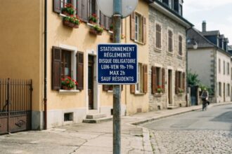 Panneau de signalisation de stationnement réglementé installé dans une rue résidentielle européenne avec maisons en pierre en arrière-plan
