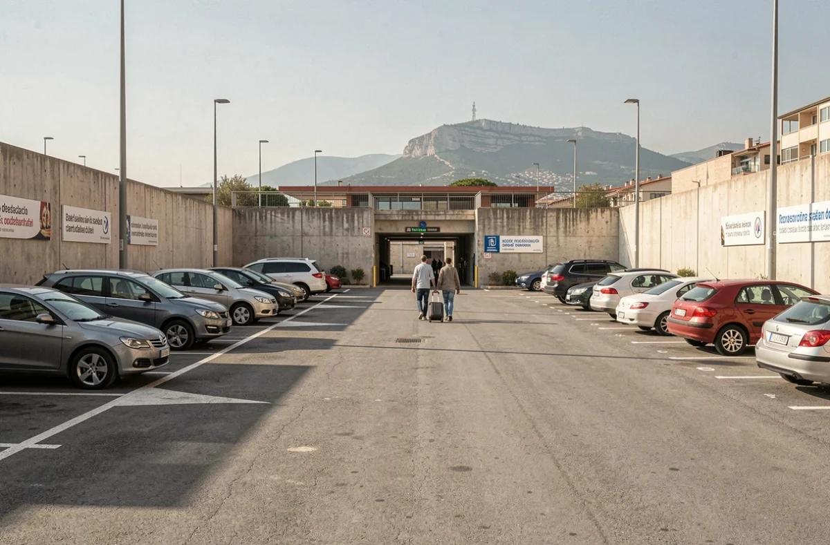 Couple garant leur voiture dans un grand parking périphérique de Barcelone avant de prendre les transports en commun