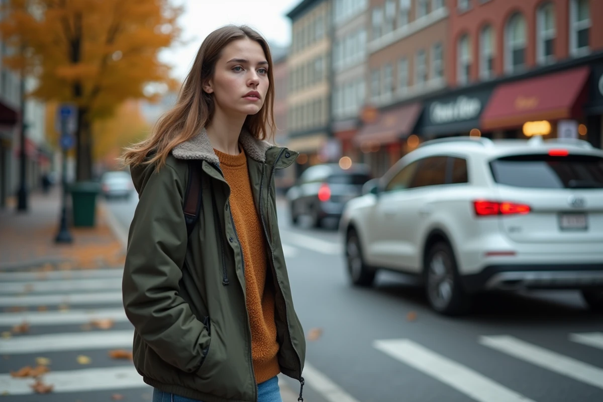 Jeune femme piétonne attentive au passage piéton en ville