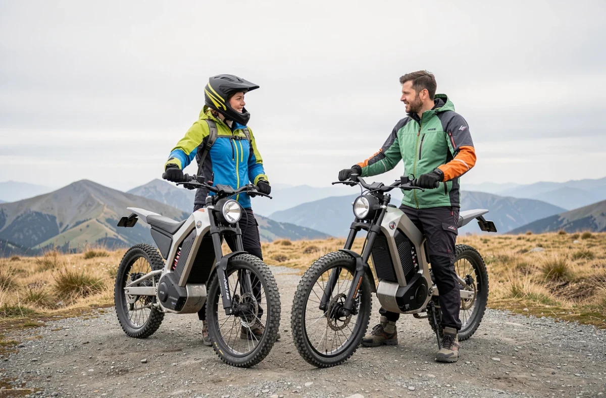 Deux motards faisant une pause avec leurs motos trail électriques sur un plateau de montagne