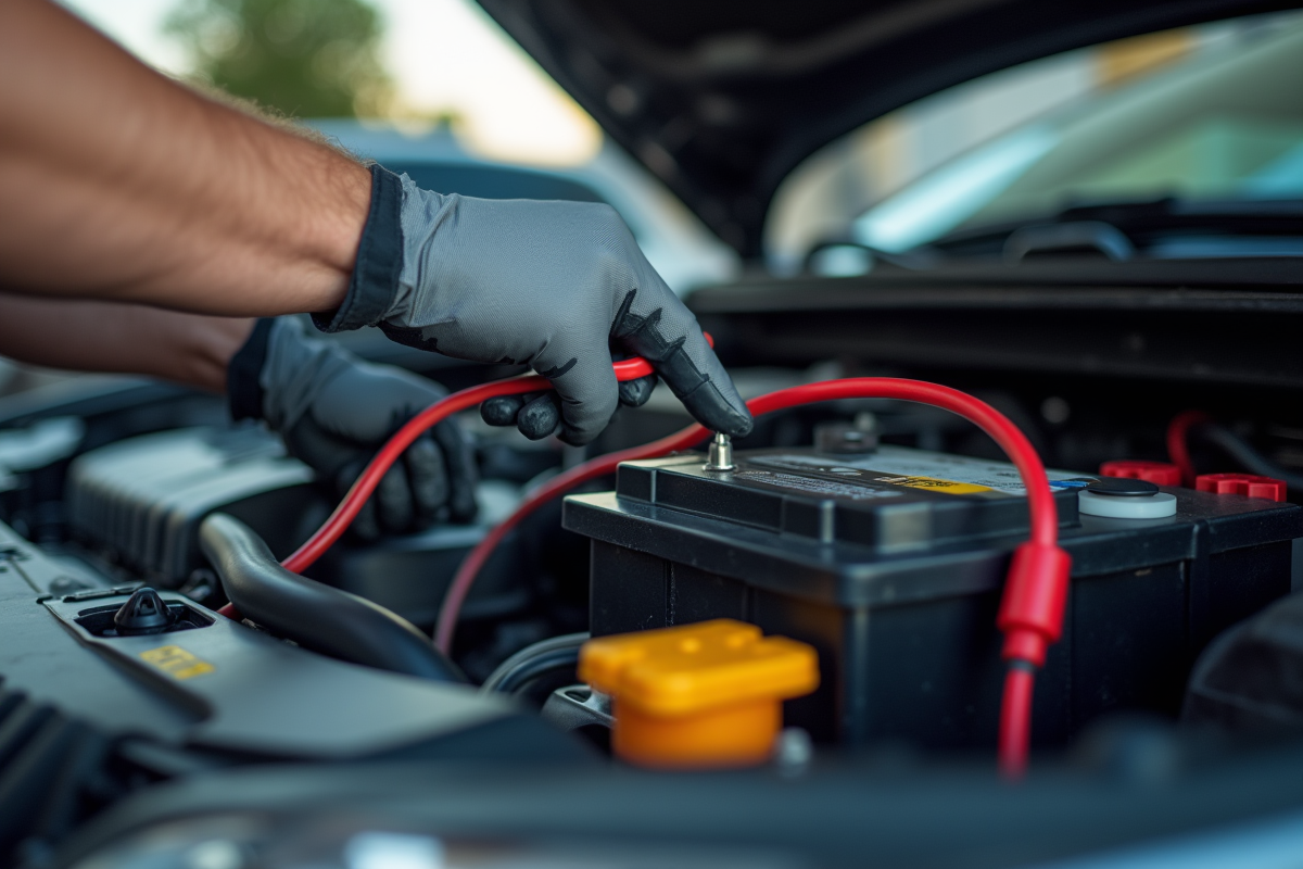 Personne manipulant des câbles de batterie sous le capot