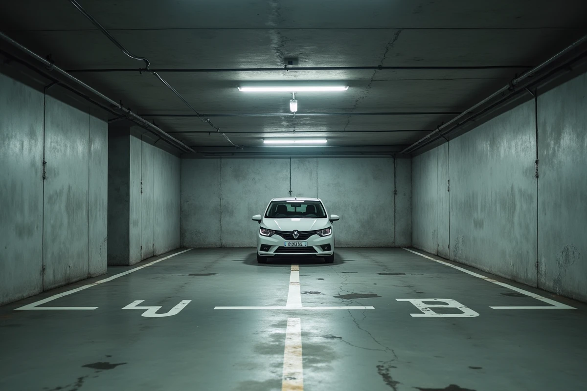 Petite voiture de ville garée dans un parking souterrain urbain aux places étroites, montrant l'avantage du petit gabarit pour se garer en ville