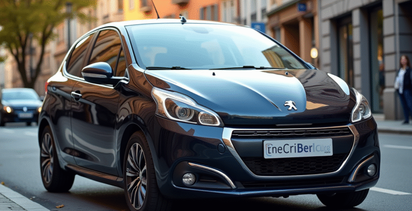 Voiture électrique Peugeot 208 en ville en lumière naturelle