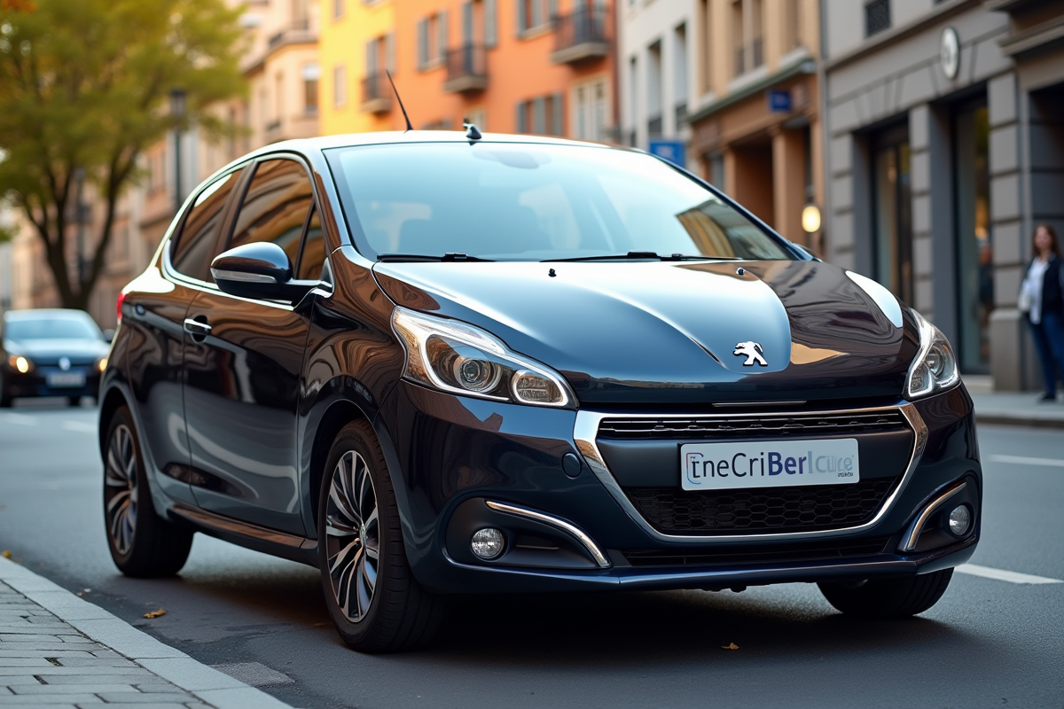 Voiture électrique Peugeot 208 en ville en lumière naturelle