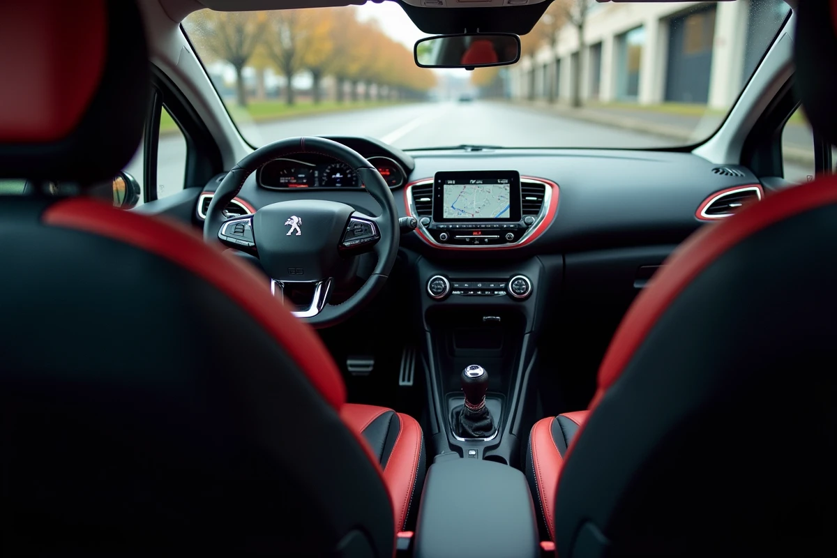 Intérieur de la Peugeot 208 avec tableau de bord i-Cockpit, volant compact et écran tactile central