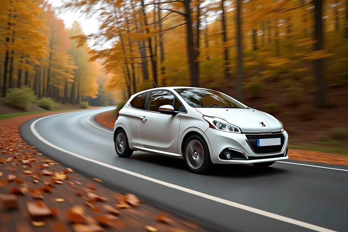 Peugeot 208 blanche en mouvement sur une route de campagne bordée d'arbres aux couleurs d'automne