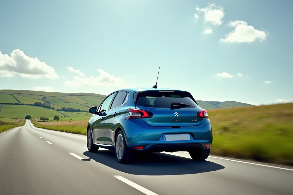 Peugeot 208 électrique en campagne sur route panoramique