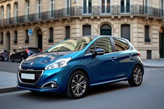 Peugeot 208 bleue métallisée garée dans une rue parisienne, vue avant 3/4 sur fond de façade haussmannienne