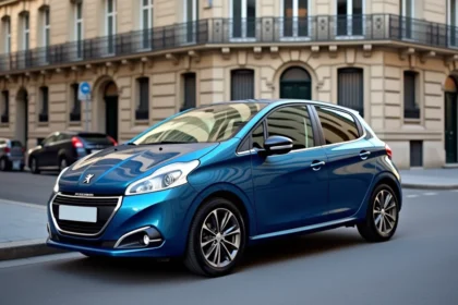 Peugeot 208 bleue métallisée garée dans une rue parisienne, vue avant 3/4 sur fond de façade haussmannienne
