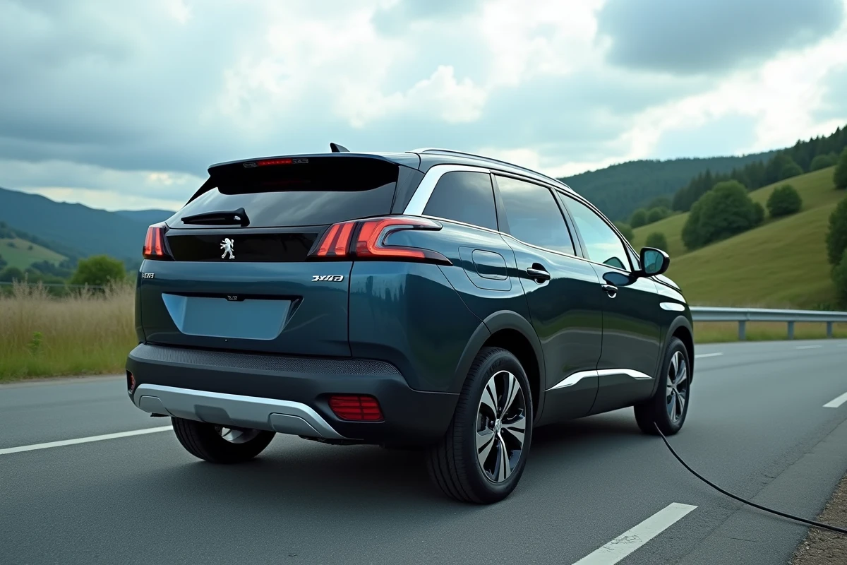 Peugeot 3008 Hybrid 136 e-DCS6 bleu magnétique en charge dans une aire d'autoroute avec paysage de collines vertes