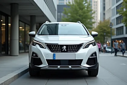 Peugeot 3008 Hybrid 136 e-DCS6 blanc nacré garé en ville devant un immeuble moderne, vue trois quarts avant