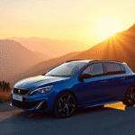 Peugeot 308 GT automatique sur route de montagne au lever du soleil
