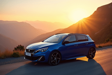 Peugeot 308 GT automatique sur route de montagne au lever du soleil