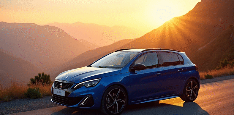 Peugeot 308 GT automatique sur route de montagne au lever du soleil