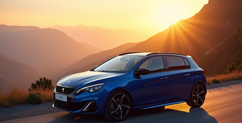 Peugeot 308 GT automatique sur route de montagne au lever du soleil