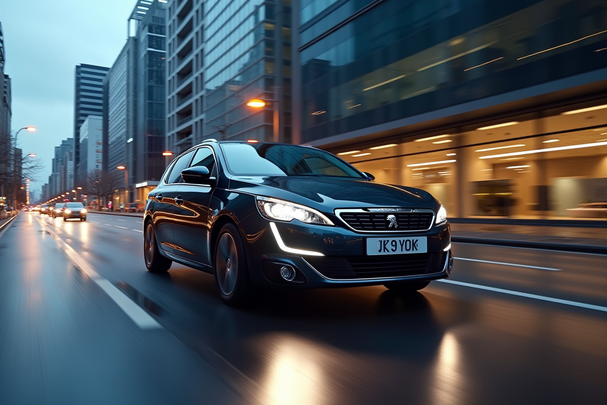Peugeot 308 GT automatique en ville au crépuscule avec feux allumés