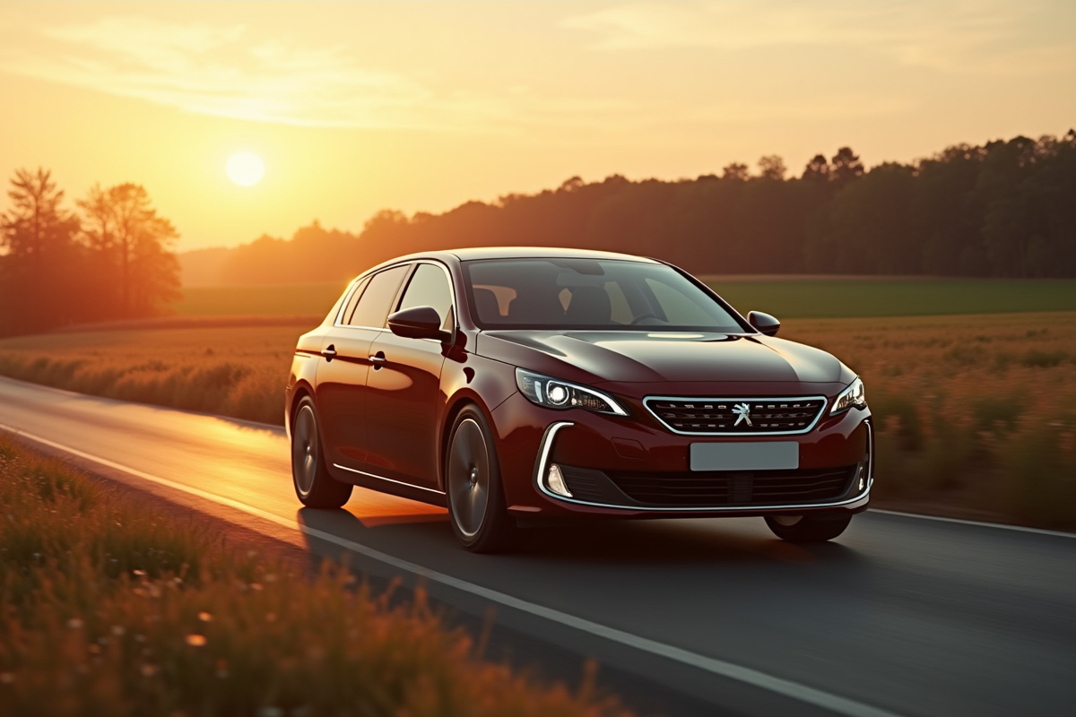 Peugeot 408 hybride sur route de campagne au coucher du soleil