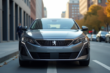 Peugeot 408 hybride en ville en journée
