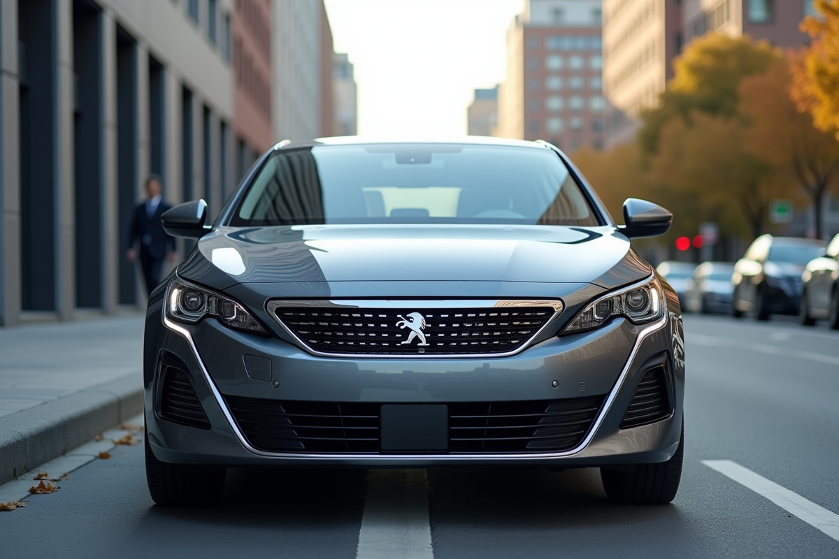 Peugeot 408 hybride en ville en journée