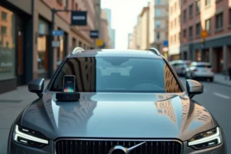 SUV Peugeot 5008 garé en ville avec un smartphone affichant une application musicale sur le tableau de bord